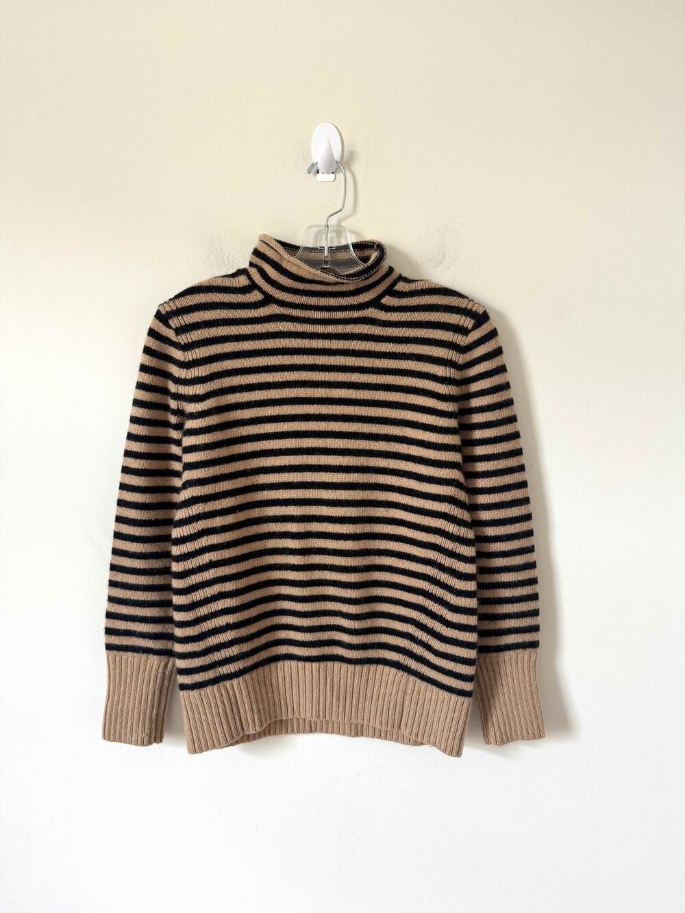 J.Crew Oversized Wool Cashmere Blend Striped Mock Neck Sweater XS Camel Black